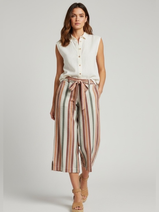 Indigo Rein Pants - Indigo Rein Soft Linen Striped Wide Leg Cropped Pants Split Hem Womens size M